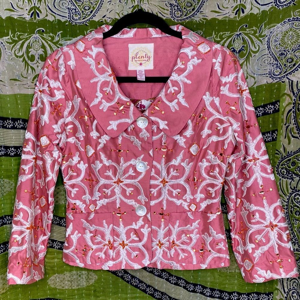 NWOT Y2K Plenty by Tracy Reese x Anthropologie Pink Silk Beaded Blazer Size 4